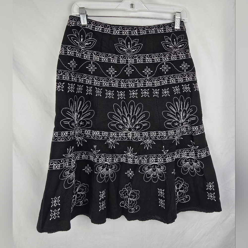 Carole Little Artsy Embroidered Linen Blend Knee Length Skirt sz 4